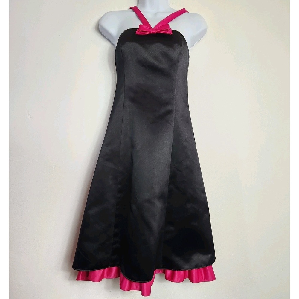 Jessica McClintock Gunne Sax Dress Womens XS 5/6 Black Pink Satin Bow Y2K Prom